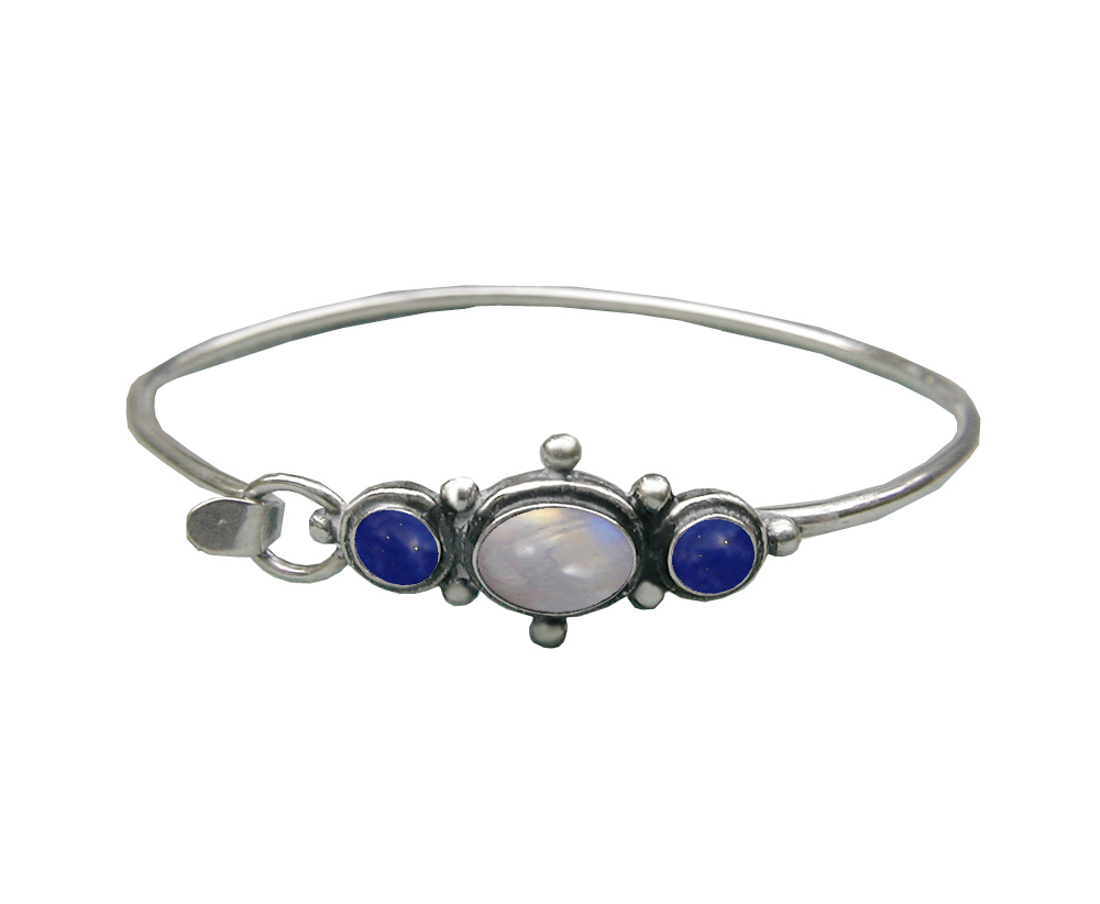 Sterling Silver Strap Latch Spring Hook Bangle Bracelet Rainbow Moonstone And Lapis Lazuli
